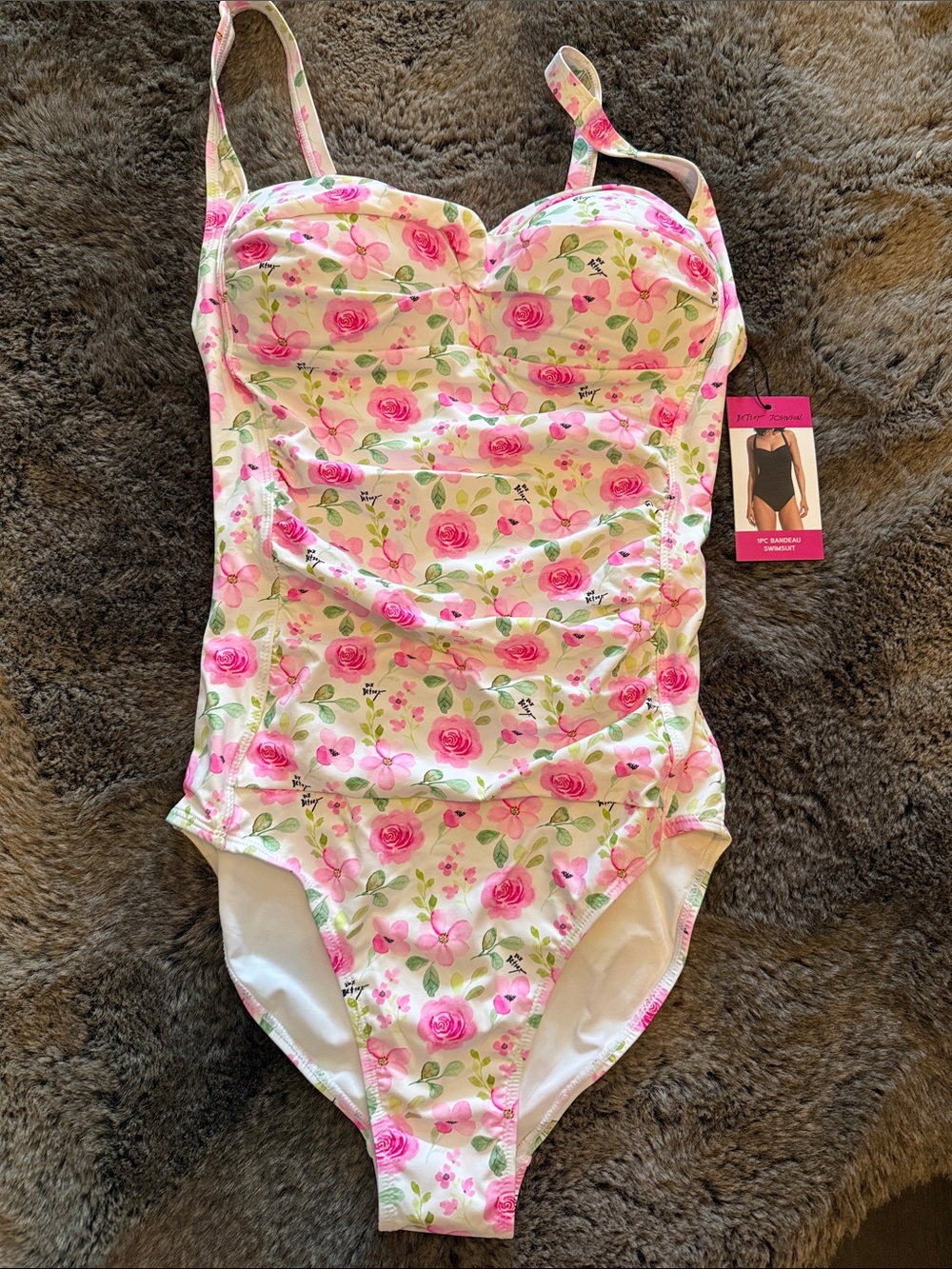 Betsey Johnson White and Pink Rose Print One-Piece Swimsuit